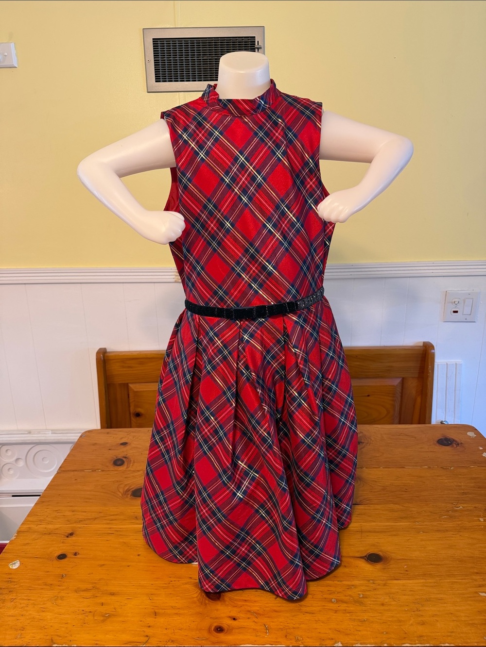 American Girl Red Plaid Sleeveless Dress with Black Sparkle Belt